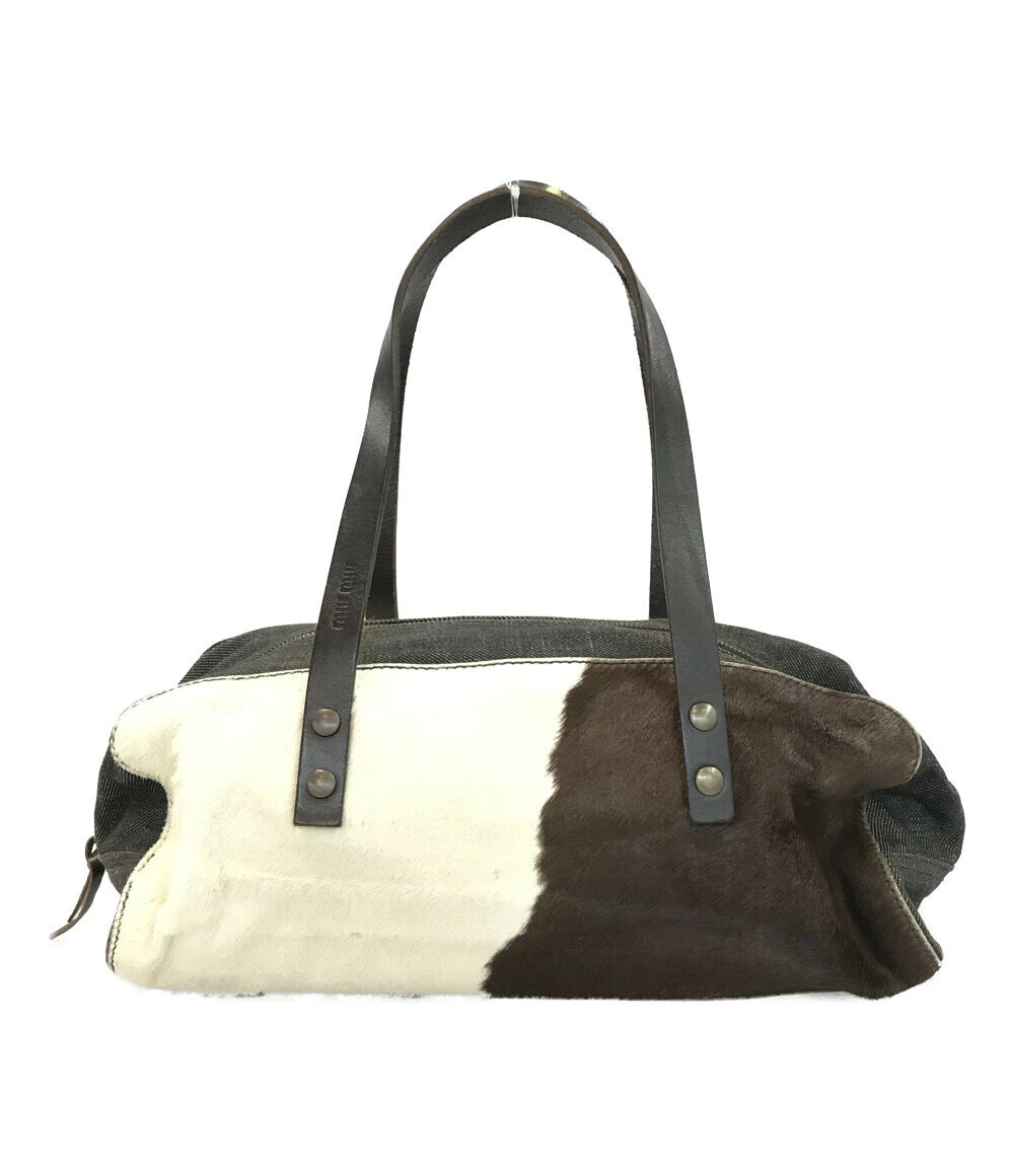 Miu Miu Denim Tote Bag Calf Hair Cream Brown - Picture 1 of 8